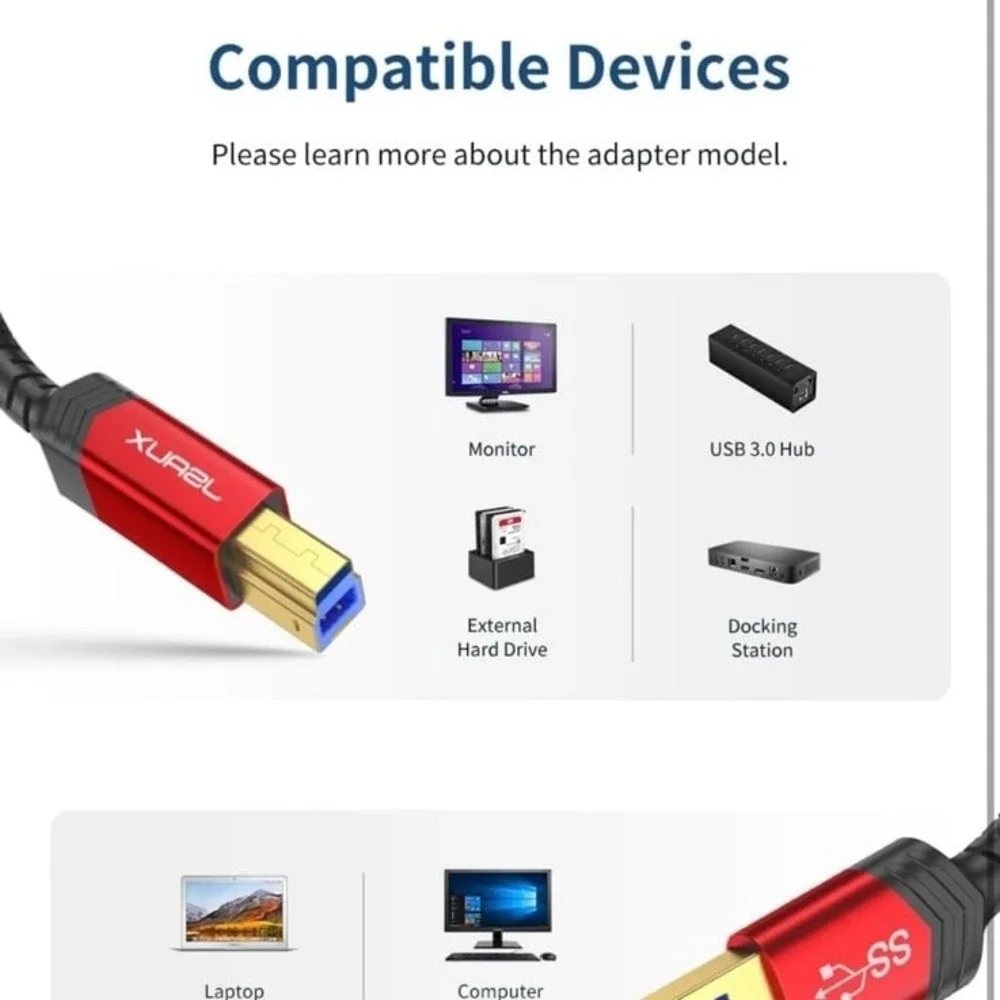 JSAUX USB B 3.0 Cable, USB-A Male to USB-B 3.0 Male (6.6ft/2M) USB 3.0 Type B Up